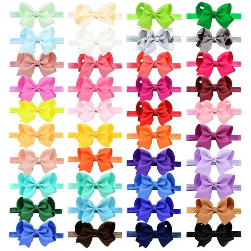 jollybows 40pcs Baby Girls Grosgrain Ribbon Hair Bows Headbands 4" Elastic Hair Band Hair Accessories for Infants Newborn- Natural Color Set