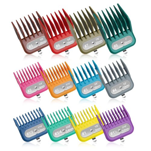 Clipper Guards Set Fits for Most Wahl Clippers and Babyliss FX870, Color Coded Clipper Guides Replacement - 1/16" to 1", 12 Piece Set