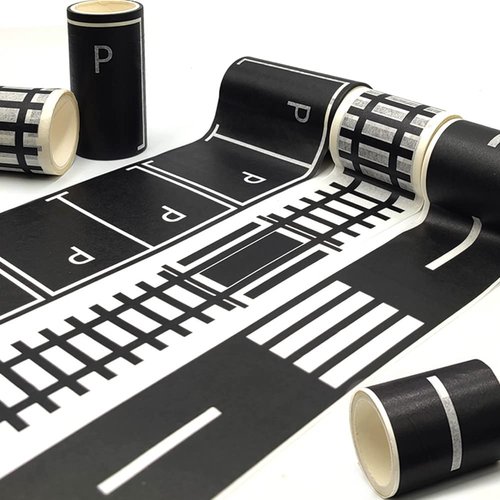 dspitwod Road Tape for Toy Cars Trains Play 6-Pack Black Car Track Tape, Parking Spot Stick to Floors and Table Flat Surface,No Residue, for Kids Gift (TAPE6)