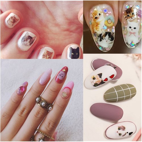 Cute Cat Nail Art Stickers, 3D Little Animal Self-Adhesive Sticker Cartoon Cats Nail Art Decals Holographic Colorful Cat Nail Decal Design for Women Girls Manicure Decoration DIY Nail Sticker Supplies