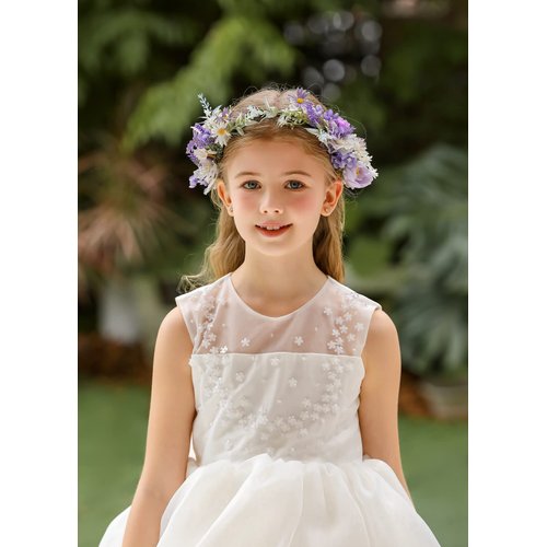 DreamLily Boho Wedding Floral Crown Woodland Fairy Crown Flower Girl rose Crown Hair Wreath with Tail DFS28 (Lavender)