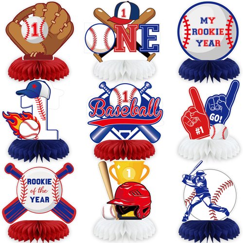 9Pcs Baseball 1st Birthday Table Honeycomb Centerpieces, Rookie of the Year 1st Birthday Party De...