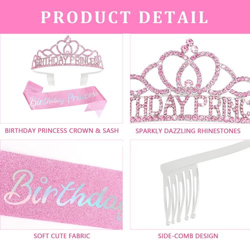 CAVETEE Birthday Princess Crowns for Women Birthday Princess Sash and Tiara for Girl Women Birthday Party Decorations for Girl Gifts Set Birthday Sash and Crown for Women (Pink)