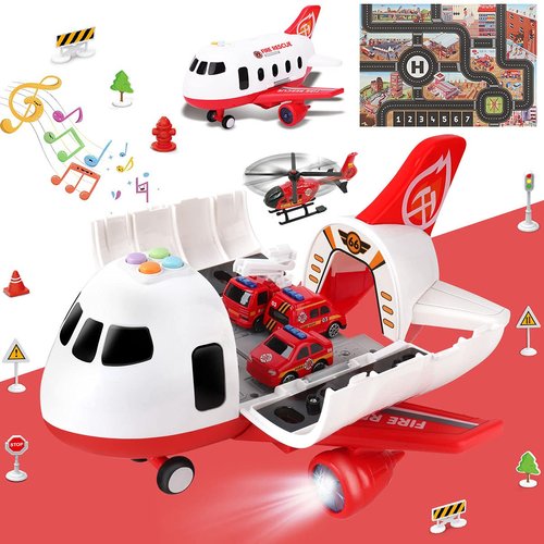 Dwi Dowellin Airplane Toys with Fire Truck Cars Toy Set and Play Mat,Plane with Light Up and Sounds,Birthday Gift for 3 4 5 6 Years Old Kids Boys Girls(Medium)