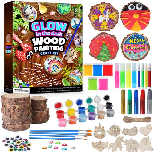 EPUMP Kids Wooden Painting Kit - Glow in The Dark Arts and Crafts Supplies for Boys Girls Ages 5-12 - Wood Slice Craft Activities Easter Christmas Gifts Art Toy for 5 6 7 8 9 10 11 12 Years Old