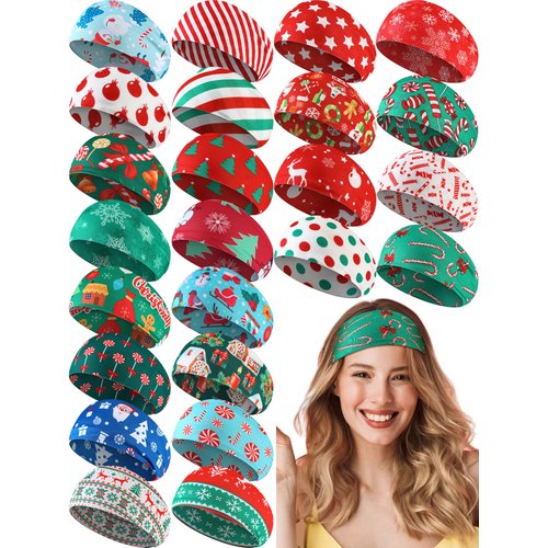 Yilloog 24 Pcs Christmas Stretchy Headbands for Women Christmas Hair Accessories Non Slip Head Wrap for Women Xmas Party Cosplay