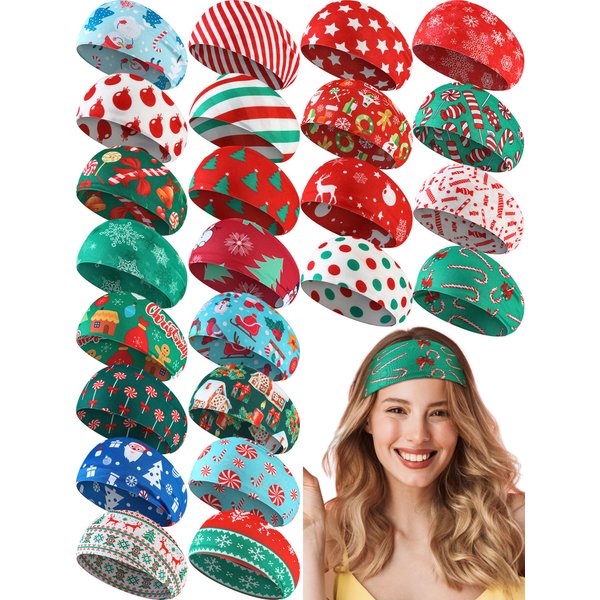 Yilloog 24 Pcs Christmas Stretchy Headbands for Women Christmas Hair Accessories Non Slip Head Wrap for Women Xmas Party Cosplay