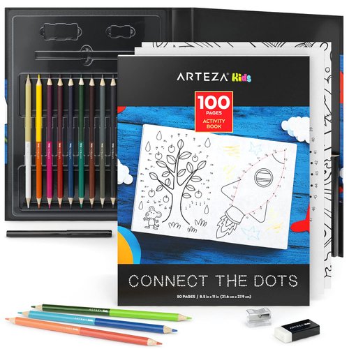 Arteza Kids Activity Book, Dot to Dot Coloring Book, 8.5 x 11 Inches, Back to School Supplies for Ages 6 and Up, 50 Sheets, 12 Double-Ended Colored Pencils, Black Marker, Eraser, Pencil Sharpener
