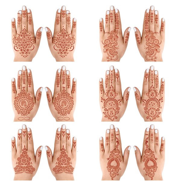 6 Sheets Henna Tattoo Stickers Brown Waterproof temporary hand tattoo stickers Red Ink Henna Tattoo For Women Wedding Party Festivals, & Parties Decoration（19-24）