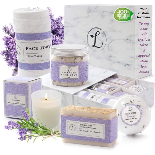 Spa Gift Set, Natural Lavender, Gift Box Includes Bath Bomb, Bath Salt, Hand Soap, Scented Candle, Face Cloth and Gift Box. Best Gift for Her (Personalize Your Name)