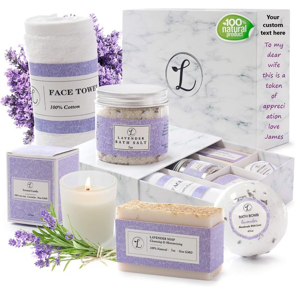 Spa Gift Set, Natural Lavender, Gift Box Includes Bath Bomb, Bath Salt, Hand Soap, Scented Candle, Face Cloth and Gift Box. Best Gift for Her (Personalize Your Name)