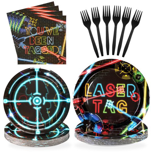 96 Pcs Laser Tag Party Supplies Disposable Glow Neon Plates Napkins Forks Tableware Set Laser Tag Party Favors for Kids Boys Girls Neon Glow Shooting Game Laser Tag Birthday Decorations Serves 24