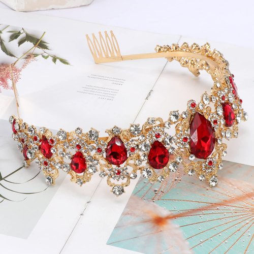 Didder Baroque Vintage Tiara, Red Crystal Crown Tiaras for Women Royal Gold Crowns for Women Tiaras for Girls Tiara Headband Hair Accessories for Bridal Wedding Prom Birthday Party
