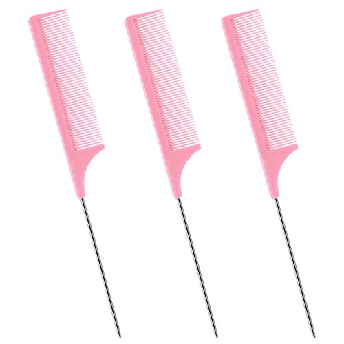 3Pcs Rat Tail Comb Parting Comb，Steel Pin Rat Tail Carbon Fiber Heat Resistant Teasing Combs with Stainless Steel Pintail for Hair Rat tail Combs Salon，Hair Combs for Women(Pink)