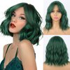 Dark Green Wavy Bob Wig with Curtain Bangs Synthetic Short Green Curly Bob Wigs with Bangs for Women Bob Curly Wavy Wig Natural Hair Shoulder Length Wigs for Women(Green)