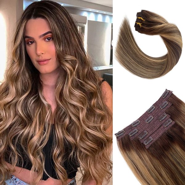 Clip in Human Hair Extensions Blonde Balayage Clip in Real Remy Hair Extensions Double Weft 100grams 4pcs Thick Straight Medium Brown with Caramel Blonde Highlights Extensions for Women 16 Inch