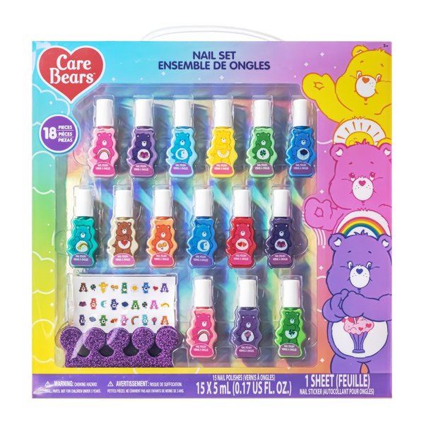 Townley Girl Care Bears 15 pcs Non-Toxic Nail Polish Set for Kids with Stickers & Toe Spacers | Peel able & Quick Dry | Birthday Gifts for Ages 3