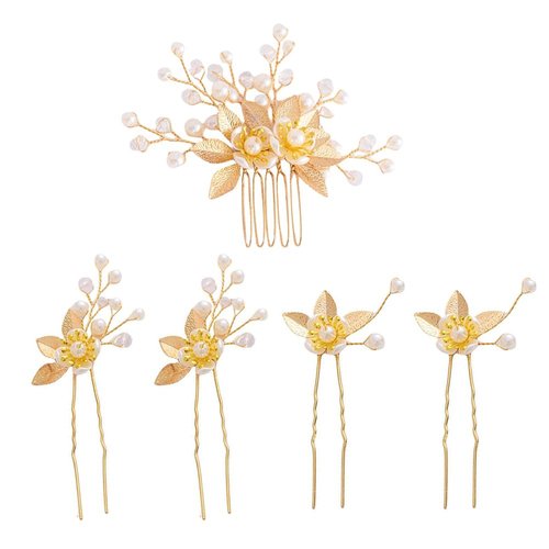 5Pcs Gold Leaf Hair Pins Crystal Pearl Hair Forks Bridal Hair Clips Flower Headpiece Vintage Wedding Hair Accessories for Women Girls Brides Bridesmaids