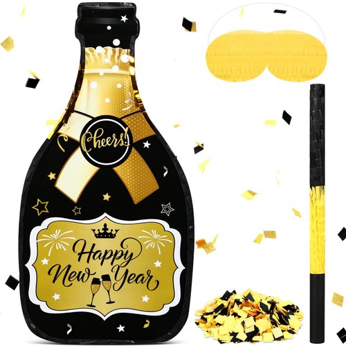 Capoda Happy New Year Champagne Piñata Set 16 x 8.3 x 3 Inches Black Gold End of Year Champagne Bottle Piñata with Piñata Tassel Stick Blindfold Confetti for 2025 New Years Eve Party Games Supplies