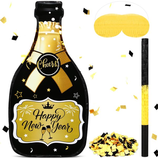 Capoda Happy New Year Champagne Piñata Set 16 x 8.3 x 3 Inches Black Gold End of Year Champagne Bottle Piñata with Piñata Tassel Stick Blindfold Confetti for 2025 New Years Eve Party Games Supplies