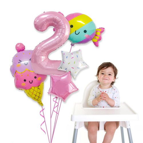 Ice Cream Birthday Decorations, 5 Pcs Dokuna Ice Cream Balloons 2nd Birthday Decorations for Girls, Giant Number 2 Foil Mylar Balloon, 2 Years Old Ice Cream Theme Birthday Party Supplies Decor (2nd)