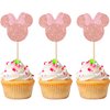 24 PCS Mouse Inspired Cupcake Toppers with Pink Bow Rose Gold Glitter Mini Cupcake Picks Decorations for Baby Shower Wedding Kids Birthday Party Supplies