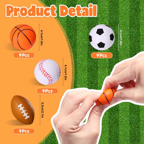 WELLVO Sports Party Favors 36 Pack 1.6 inch Sports Stress Relief toys Goodie Bags Stuffers Mini Foam fidget toys for Stress Anxiety Relief Classroom Prizes Kids Return Gifts Birthday Party Favors Toys