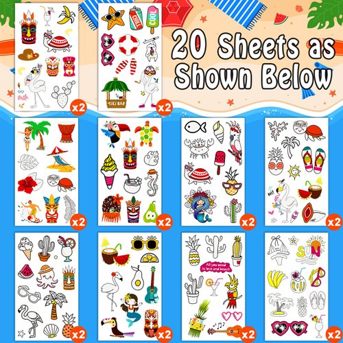 Partywind 20 Sheets Luminous Hawaiian Tattoos for Party Decorations, 195 Styles Hawaiian Luau Party Supplies Favors for Kids, Tropical/Beach/Pool Party Decor