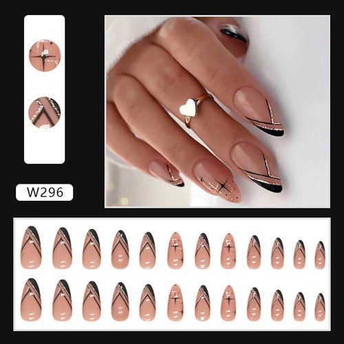 24Pcs Medium Long French Tip Press on Nails Almond Shaped Nude Pink Black Star Fake Nails Glitter Design Nail Decorations Full Cover Artificial Glue on Nails for Women Girls DIY Acrylic Nails Manicure