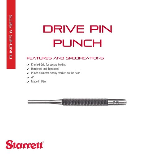 Starrett Drive Pin Punch with Knurled Grip for Driving Pins Into or Out of a Workpiece - Hardened and Tempered Steel, 4" Length, 5/32"1/16" Punch Diameter - 565D