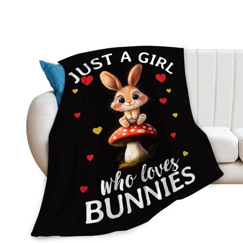 Cute Rabbit Blanket Just A Girl Loves Bunnies Throw Blankets for Girls Women Funny Mushroom Fleece Cozy Flannel Warm Soft Fuzzy Plush Stuffed Animal for Sofa Bed Decor Gifts for Kids Adults 50"x40"