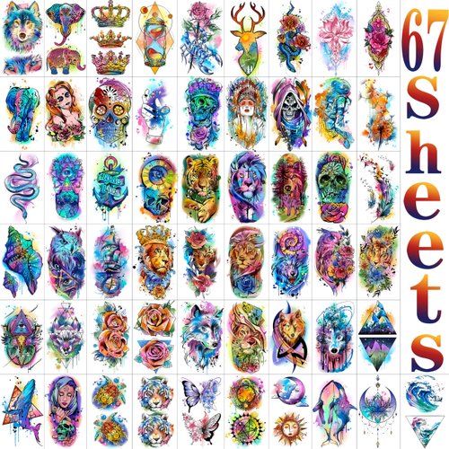 COKTAK 67 Sheets Watercolor Rose Flower Temporary Tattoos For Women Girls, 12 Sheets Colorful Arm Sleeve Tattoos For Adults Floral Snake Tiger, 53 Sheets Groovy Small Semi Permanent Fake Tattoos Kids