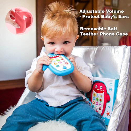 Baby Shark Cell Phone Toy Removable Teether Case, Light, Music & Adjustable Volume Kids Play & Learn Fake Phone Infant Toddler, Preschool Holiday Birthday Presnet for Girl Boy 0-6, 6-18 Months (Red)