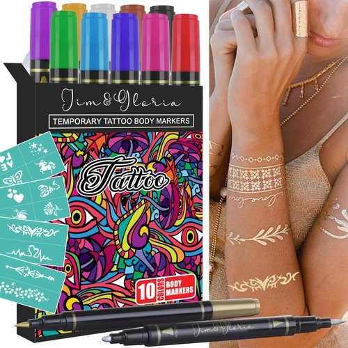 Jim&Gloria Body Art Tattoo Pen Dual Tip 10 Colors with GOLD & SILVER Skin Paint Markers for Kids Adults, Face Painting Kit Gifts for Teenage Girl, Teen Girls Trendy Stuff 8 9 10 11 12 13 14+ Years Old