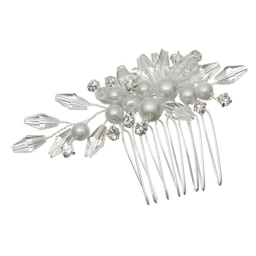 SAMKY Flower Bouquet Bridal Wedding Tiara Hair Comb - Silver Plated Crystals Faux Pearls FC040