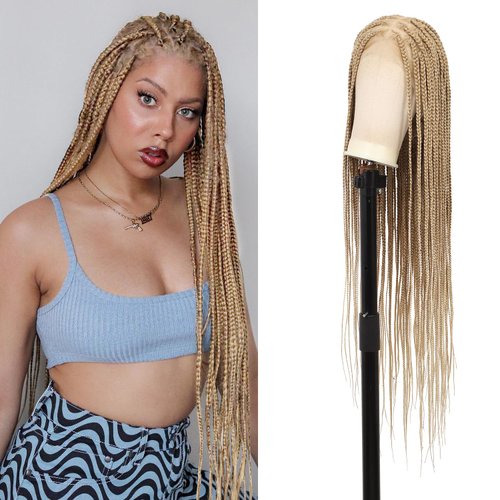 Olymei 360° Hd Full Lace Braided Wigs for Women Box Braid Wig Square Knotless Braided Wigs with Baby Hair Human Hair blended Long Light Brown Ombre Blonde Braided Lace Front Wigs 36"