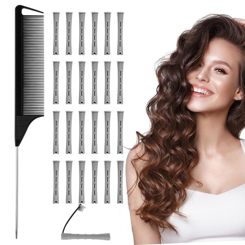 24Pcs Hair Perm Rods, Plastic Curling Rods Hair Rollers with Steel Pintail Comb for Long and Short Natural Hair Styling, Perming Rods for Hairdressing Styling(Grey, 0.6 Inch)