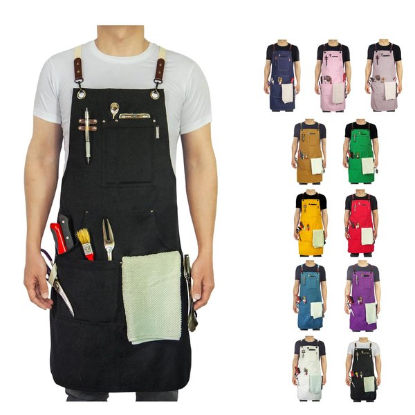 Stenffy Handmade Work Apron, Cotton Canvas, Multiple Pockets, Adjustable Cross Back Weight Apron, BBQ Cafe Kitchen Painting Carpenter Artist Apron, Aprons for Men Women, Sizes M to XXL, Black