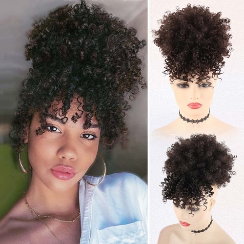 LEOSA Afro Puff Drawstring Ponytail Bun with Bangs Heat Resistant Synthetic Short Kinky Curly Pon...