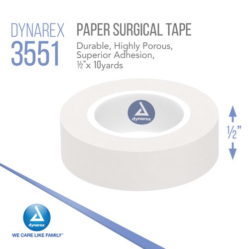 Dynarex Paper Surgical Tape, Use to Secure Wound Care with Medical Gauze, Dressings, & Non-Adherent Pads, First-Aid Kit Essential, White, 1/2” x 10 yds, 1 Box of 24 Rolls
