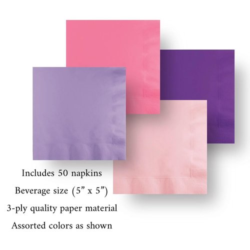 Creative Converting Pink Lavender & Purple Paper Napkins for Girl Birthday Party Supplies, Baby Shower Tableware, Beverage Size, 50ct, Standard