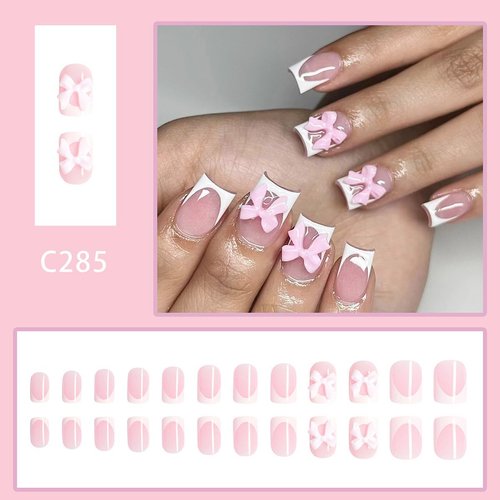 24Pcs Bows Press on Nails Short Square Fake Nails White French Tip False Nails with Pink Bow Charms Stick on Nails Glossy Nude Pink Full Cover Glue on Nails for Women Acrylic Manicure Decoration