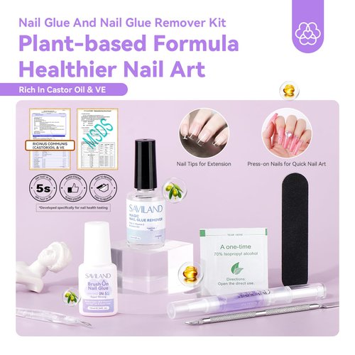 SAVILAND Nail Glue and Nail Glue Remover Kit: 5s Quick Dry Super Strong Plant Based Nail Glue for Press Ons Nail Tips, Castor Oil VE Fast & Gentle Nail Glue Remover for Acrylics, Press On Nails
