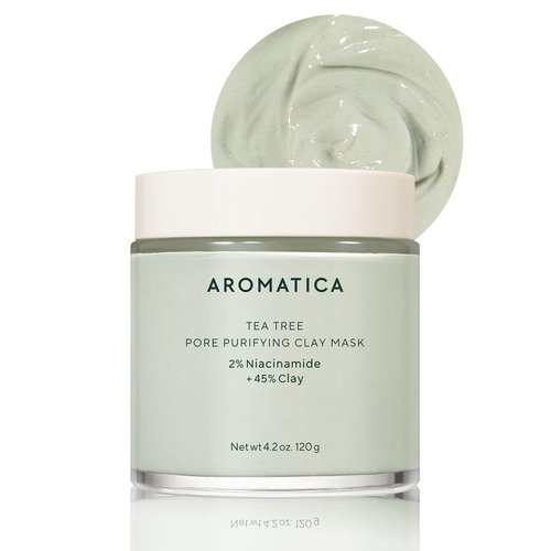 AROMATICA Tea Tree Pore Purifying Clay Mask 2% Niacineamide + 45% Clay - Deep Cleansing Mask for Pore-Purifying - Vegan & Cruelty-Free - Natural Ingredients with food grade tea tree oil