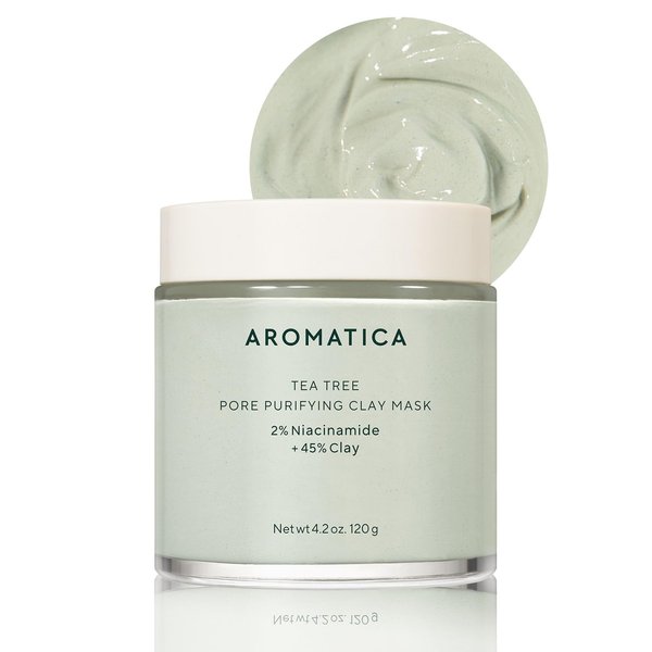 AROMATICA Tea Tree Pore Purifying Clay Mask 2% Niacineamide + 45% Clay - Deep Cleansing Mask for Pore-Purifying - Vegan & Cruelty-Free - Natural Ingredients with food grade tea tree oil