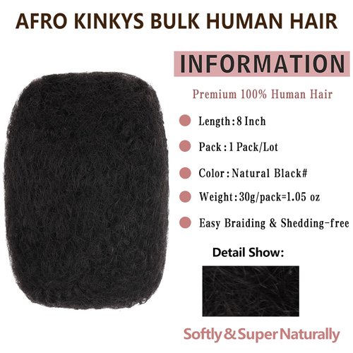 Xtrend 8 Inch 1 Pack 30 Gram Natural Black Afro Kinkys Bulk Human Hair For Dreadlocks Extensions Repair Locs Twist Braiding Afro Kinky Human Hair Bleach Before Dyeing For Mini Braiding Afro Kinky Hair