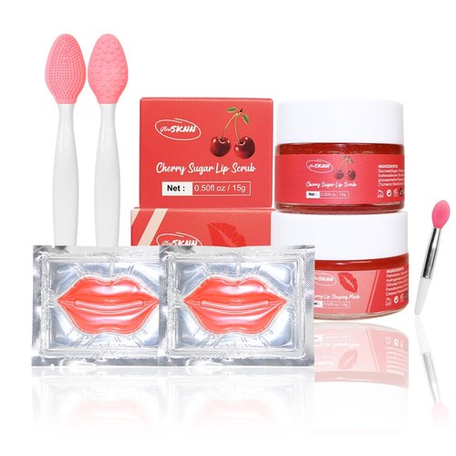 Generic Six in one Lip care kit Pack consist of a Lip sleeping Mask, a Exfoliate scrub, two Hydrating sheet mask, and two exfoliate double side silicone brush for day skin, Cherry Scented