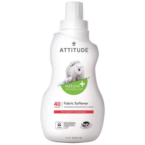 ATTITUDE Fabric Softener, Plant and Mineral-Based Ingredients, HE Compatible, Vegan and Cruelty-free Laundry and Household Products, Pink Grapefruit, 40 Loads, 33.8 Fl Oz