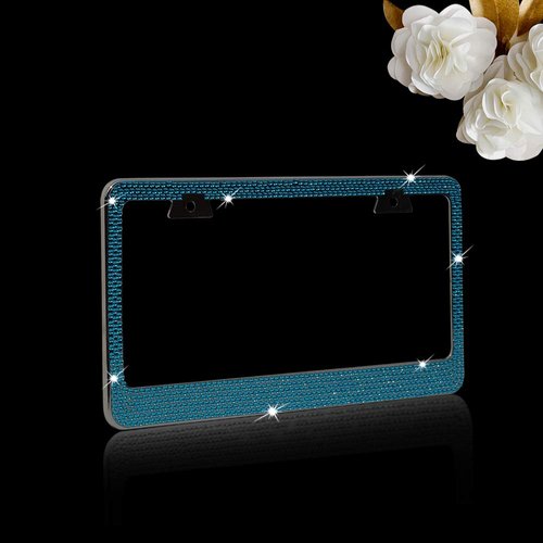 Bling 7 Rows Pink(A- Screw Cap Type) Crystal Rhinestone-Metal Chrome License Plate Frame with Two Caps