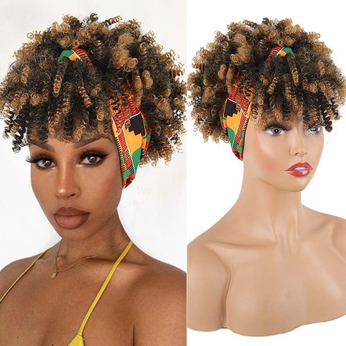 Aisaide Wrap Wigs for Black Women,Short Kinky Curly Wigs Brown Wigs with Bangs Headwrap Wigs 2 in 1,Synthetic Short Afro Wigs High Puff Full Wigs Ombre Brown Wig with Scarf Turban Drawstring Wig